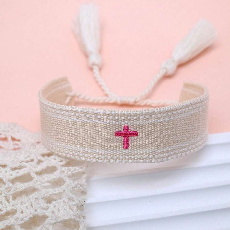 1pc Embroidered Cross Boho Handmade Woven Tassel Bracelet - Apricot - View 1