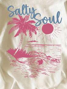 Camiseta informal de mujer de manga corta, cuello redondo y ajuste holgado con estampado de letras, para el verano - Albaricoque 2 - Ver 7