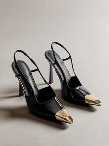 Hauture 优雅女士黑色漆皮露跟尖头金属鞋头方头细高跟鞋性感春夏度假派对鞋 - 黑色 - 查看 4