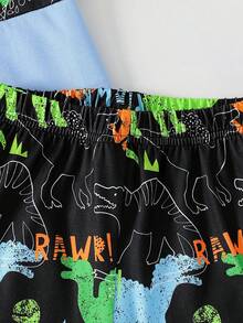 Conjunto de camiseta y pantalones cortos con estampado de dinosaurios que brillan en la oscuridad para niños pequeños - Celeste - Ver 7