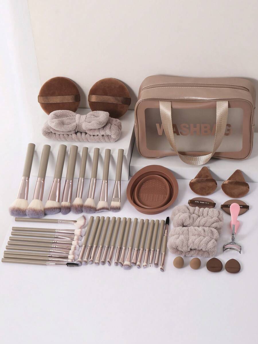 48件套化妆工具套装，包含：32支化妆刷套装+1个化妆刷清洁工具+2个圆形粉扑+1个发圈+1个化妆刷清洁工具+2个三角粉扑+2个气垫粉扑+1个睫毛夹+2个手碗挂绳+2个迷你气垫粉扑+2个迷你化妆海绵，一应俱全，新手友好 | 方便携带，送礼佳品 | 新手/女性的完美之选 - 彩色 - 查看 1