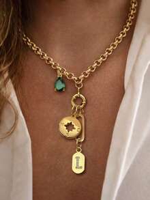 1PC Gold Donut Shaped A-Z Letter Necklace With Compass And Green Diamond Chain, Unique Luxury Style, Suitable For Women's Daily Work Decoration - Yellow Gold - View 4