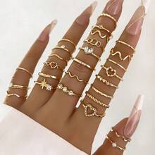 Set Of 28 Pieces Of Simple And Thin Wavy Rings, Geometric Heart Rings, Women's Accessories. - Vàng - Xem 7