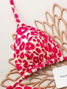 2pcs/Set Leopard Print Sexy Lace-Up Backless Swimwear Bikini, Suitable For Vacation, Beach, Stage Performance & Concert In Summer - Hot Pink - View 3