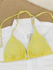 Bộ bikini màu vàng nắng với dây buộc cổ và điểm nhấn hoa lông vũ dễ thương - Áo tắm cạp cao - Màu vàng - Xem 6