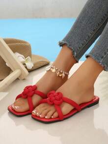 女士时尚透气编织拖鞋，舒适优雅家居休闲鞋，适合度假、搭配休闲连衣裙、沙滩凉鞋，复古纯色中国结平底拖鞋 - 紅色 - 查看 2