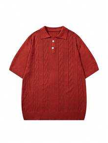 Men's Spring/Summer Neutral Knit Polo Collar Top, Cable Texture Slim Fit Casual Business Commute Short Sleeve Pullover T-Shirt - Red - View 3
