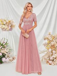 Vestido de noche rosa de línea A con cuello en V, manga corta y malla con lentejuelas, elegante vestido de gala formal, adecuado para invitados de boda, fiesta de cóctel, dama de honor, ceremonia de graduación - Rosa vieja - Ver 12