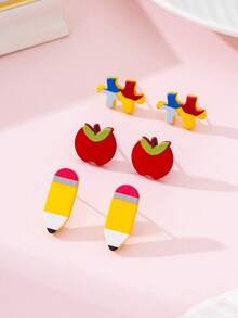 3 Pairs/Set Teacher's Day Apple & Pencil Enamel Faux Soft Pottery Earrings Set, Gift For Teachers And Students - Multicolor - View 3