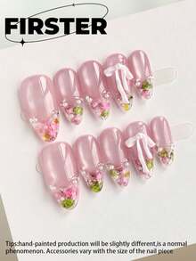 10pcs Medium Almond Handmade Press On Nails, Pink Gradient Fake Nails, Dried Flower & Pearl Nail Art With 3D White Bow, Reusable Acrylic Nails For Daily Wear And Dates - Multicolor - View 1