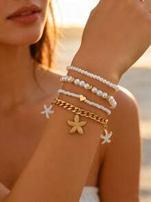 4pcs/Set Fashionable Ocean Style Starfish Pendant Elegant Faux Pearl Beaded Bracelet, Bohemian Multi-Layer Wearable Jewelry For Women, Suitable For Daily Wear, Beach, And Travel - Multicolor - View 1