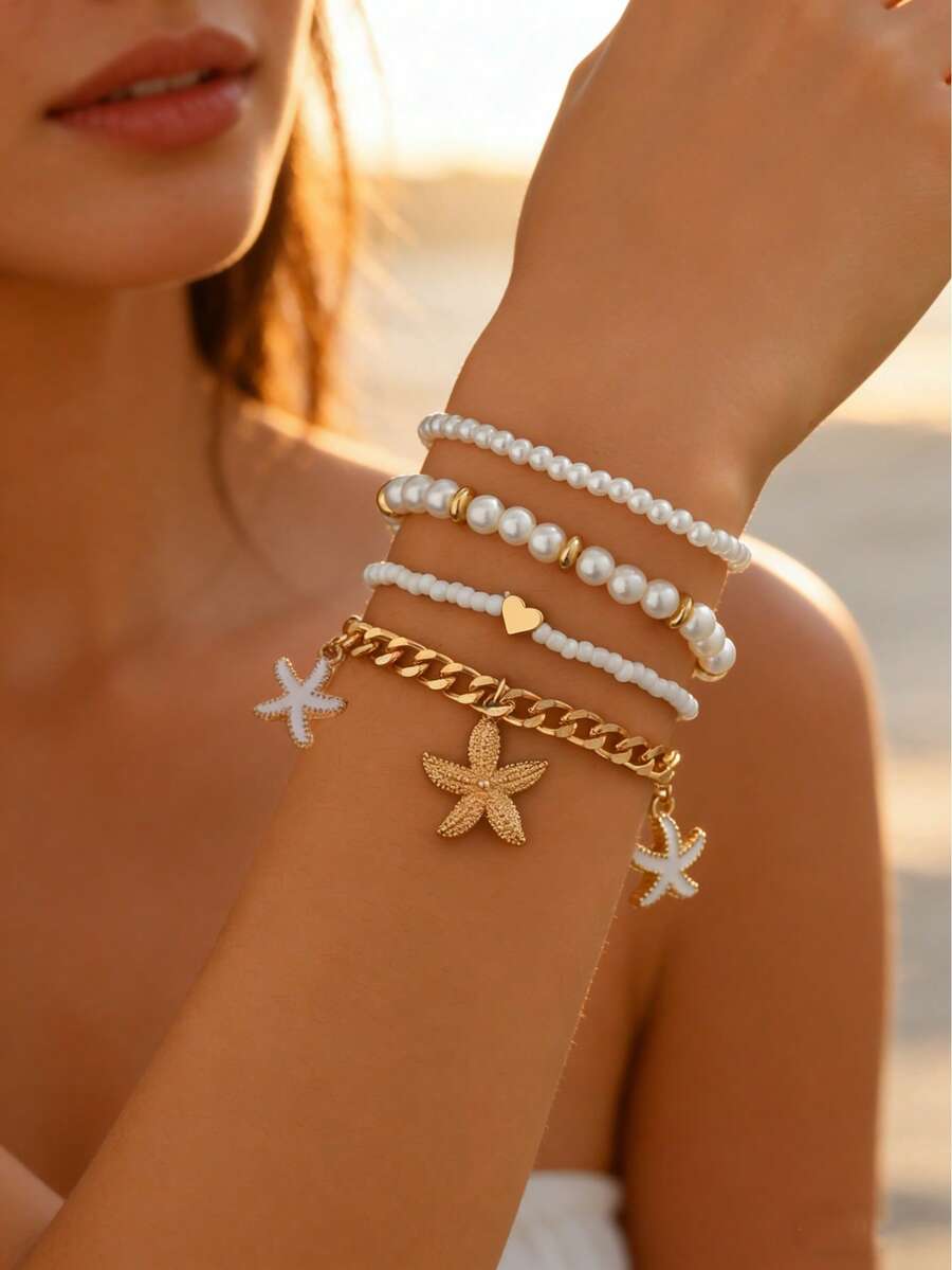 4pcs/Set Fashionable Ocean Style Starfish Pendant Elegant Faux Pearl Beaded Bracelet, Bohemian Multi-Layer Wearable Jewelry For Women, Suitable For Daily Wear, Beach, And Travel - Multicolor - View 1