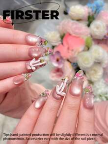 10pcs Medium Almond Handmade Press On Nails, Pink Gradient Fake Nails, Dried Flower & Pearl Nail Art With 3D White Bow, Reusable Acrylic Nails For Daily Wear And Dates - Multicolor - View 4