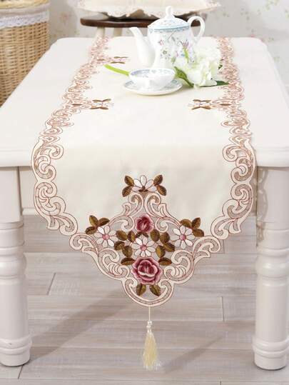 1 chiếc khăn trải bàn thêu, kiểu Châu Âu, chất liệu 100% polyester, màu be với họa tiết thêu nhiều màu và viền ren rỗng, thích hợp cho phòng khách, phòng ngủ, bàn ăn, tủ TV, tủ đựng đồ, tủ ngăn kéo, v.v.