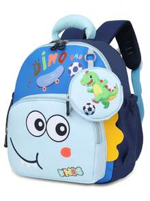 Fresh And Cute Dinosaur Print Lightweight Comfortable Casual Crossbody Bag, Versatile Student School Backpack - Blue - View 3