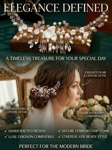 1件手工珍珠花朵新娘发梳，浪漫水钻发夹，婚礼礼服配饰，派对及拍照发饰 - 彩色 - 查看 2