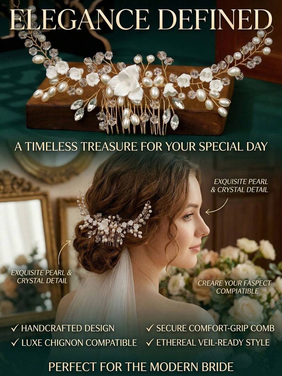 1件手工珍珠花朵新娘发梳，浪漫水钻发夹，婚礼礼服配饰，派对及拍照发饰