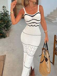女士新款极简撞色滚边镂空开衩度假连衣裙 - 白色 - 查看 7