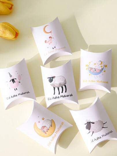 6/12 Stücke Eid Adha Mubarak Cartoon Lamm Kissen Süßigkeiten Box, 6 sortierte verspielte Süßigkeiten Boxen mit Cartoon Lamm Illustrationen, Mondsichel und Sterne, Einhorn Lamm, schlafendes Lamm
