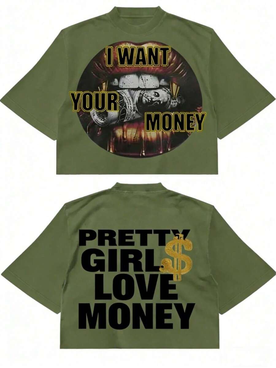 Fly "I Want Your Money" Hip-Hop Flow T-Shirt Pure Cotton Double-Sided Printed T-Shirt, Suitable For Men And Women,Top Pick Gift For Summer Casual Tees - 綠色 - 查看 1