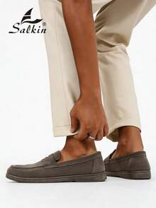 Salkin Mocasines deslizantes de moda para hombres, zapatos casuales de ante sintético, suaves, cómodos, transpirables y duraderos, zapatos planos versátiles para trajes, estudiantes, graduación, negocios, fiestas, bodas, primavera/verano/otoño, tallas grandes, disponibles en varios colores. Nota: Corre pequeño, por favor pida una talla talla grande grande. Elegancia de dinero viejo otoñal - Gris - Ver 7