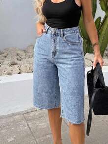 女士水洗无弹牛仔短裤，休闲夏季度假 - 藍色 - 查看 2