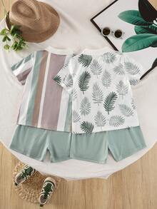 4 pièces/set Jeune garçon Polo rayé à la mode T-shirt, T-shirt à imprimé feuilles tropicales et ensemble de shorts assortis, décoré d'un emblème blanc, style décontracté élégant, convient pour un port quotidien - Multicolore - Voir 2