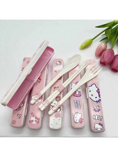  Bộ đũa ăn học sinh hình mèo Hello Kitty dễ thương của Sanrio, làm bằng nhựa ABS, gồm 3 món, kèm hộp đựng.