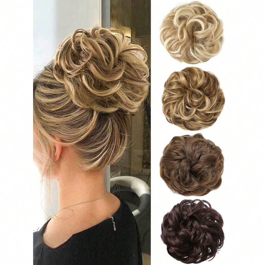 Black Messy Bun Hair Piece Wavy Curly Scrunchies Synthetic Chignon Ponytail Hair Extensions Thick Updo Hairpieces For Women 8inch - 彩色 - 查看 1