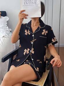 Dreamivo Black Bow Tie Pattern Short Pajama Set - Short Sleeve Button Collar Top And Pants, Soft Satin Sleepwear, Machine Washable, Can Be Worn Outerwear - Black - View 5