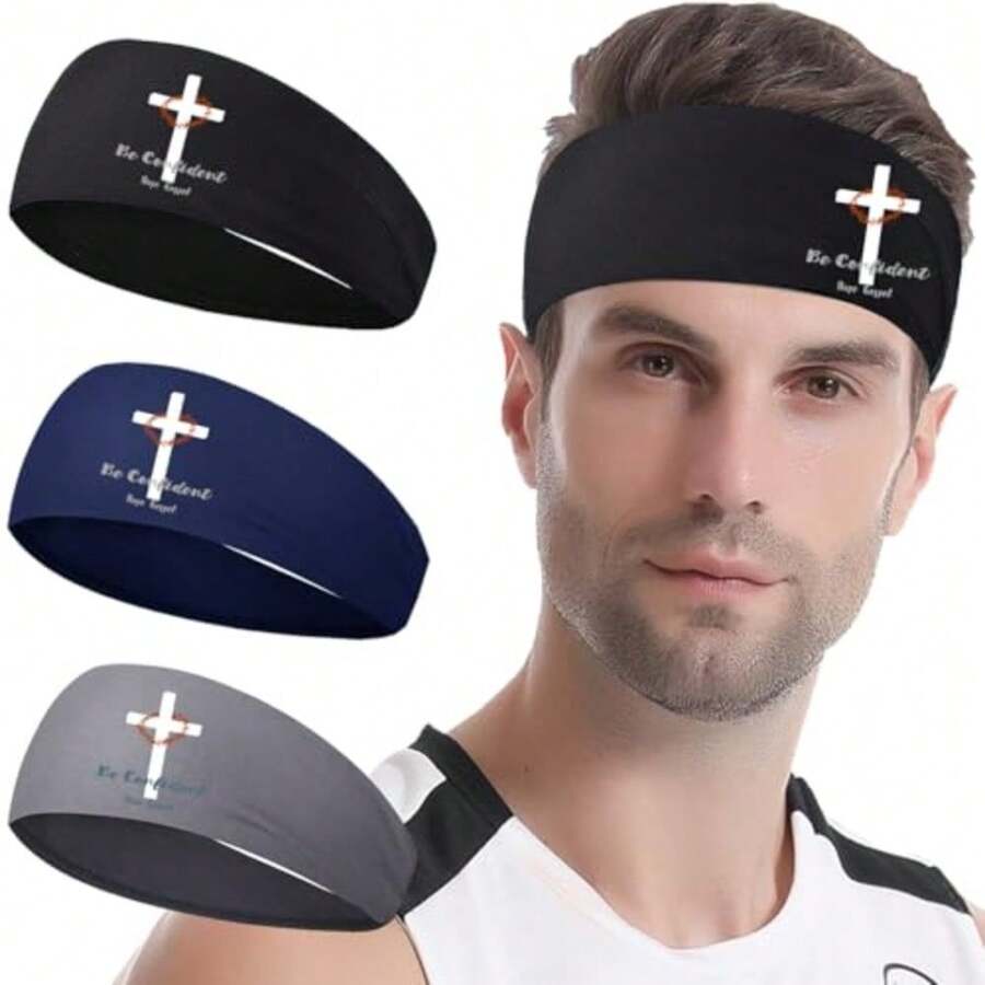 3 PCS Sweat Bands Headbands Men Christian Jesus Cross Headbands for Men Women Sports Sweatbands Workout Cooling Headband Mens Stretchy Moisture Wicking Running Sweat Head Band Hairband for Gym Yoga - Espina cruzada - Ver 1