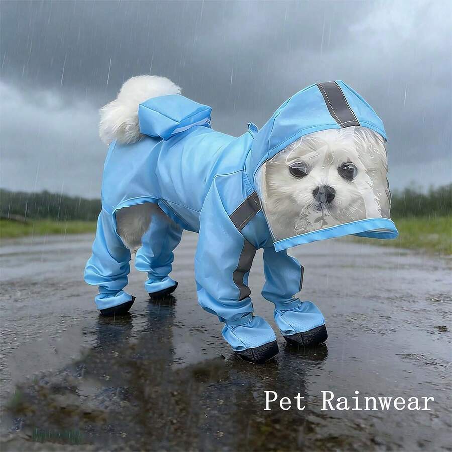 一件蓝色宠物雨衣，防水防尘，全覆盖小型犬雨衣，带雨靴、披风、反光带和搭扣，宠物服装，宠物生日礼物。请根据宠物的体型选择合适的尺码，并在使用前修剪宠物指甲，以免损坏雨衣。
