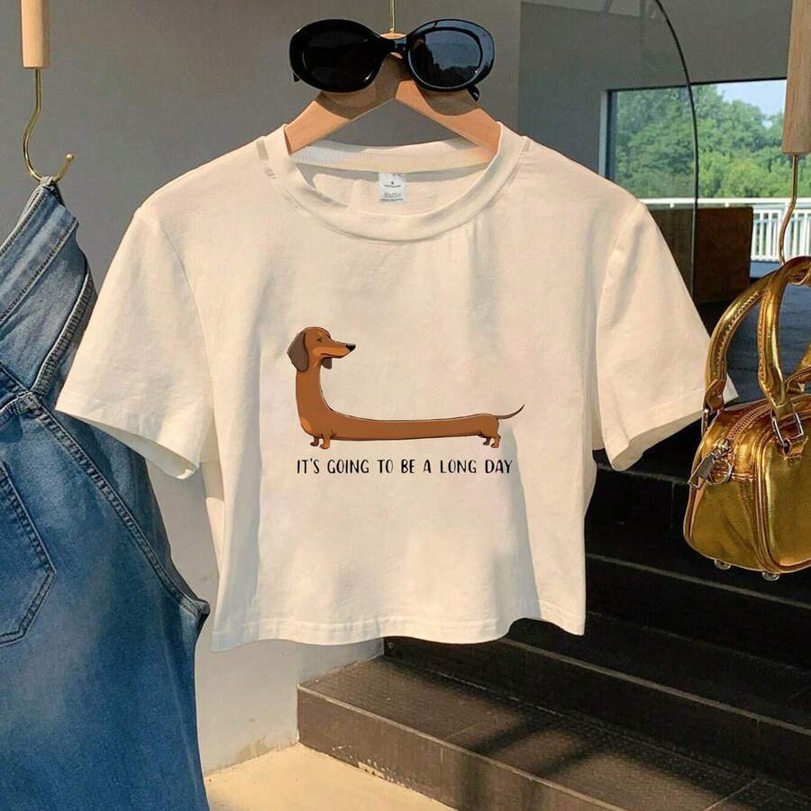 Cute Extended Dachshund & "It's Going To Be A Long Day" Graphic Women's Cropped Top, Boasting Vivid, Fade-Resistant Prints That Stay Crisp & Eye-Catching Through Countless Wears, Playful & Charming Design For Effortlessly Stylish Daily Looks, Perfect For Dog Lovers To Showcase Their Fun, Cheerful Personality - 白色 - 查看 1