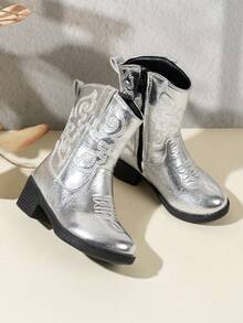 NILOSH 1 Pair Children's Embroidered PU Leather TPR Sole Mid-Calf Boots, Fashionable Spring/Autumn Style - Silver - View 9