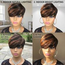 Summer Style Side Part Layered Short Brown Wigs With Gold Red Highlights Realistic Wig Synthetic Easy Install Wigs Whisper Lite Skunk Stripe Hair Edgy Short Pixie Wig Asymmetrical Fringe And Rich Feathery Layers Shades Of Brown Pixie Layered - màu đen với những lọn tóc màu nâu đỏ. - Xem 3