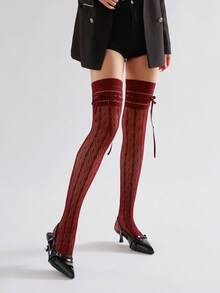 Spring & Summer Ballet Style Bow Tie Hollow Rhombus Pattern Thigh High Socks, Lolita Lace Retro Stockings - Multicolor - View 13