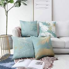 4 vỏ gối màu xanh bạc hà họa tiết lá vàng, vỏ gối trang trí sofa phòng khách sang trọng với họa tiết lá cọ vàng kim, chất liệu polyester in một mặt, có khóa kéo, có thể giặt, không bao gồm ruột gối. - Màu xanh bạc hà - Xem 5