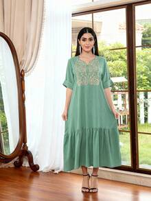 2026 New Style Ramadan Traditional Elegant Green Dress, Featuring Metallic Gold Embroidery, Stand Collar Design, Fashionable And Graceful Modest Dress - Mint Green - View 5