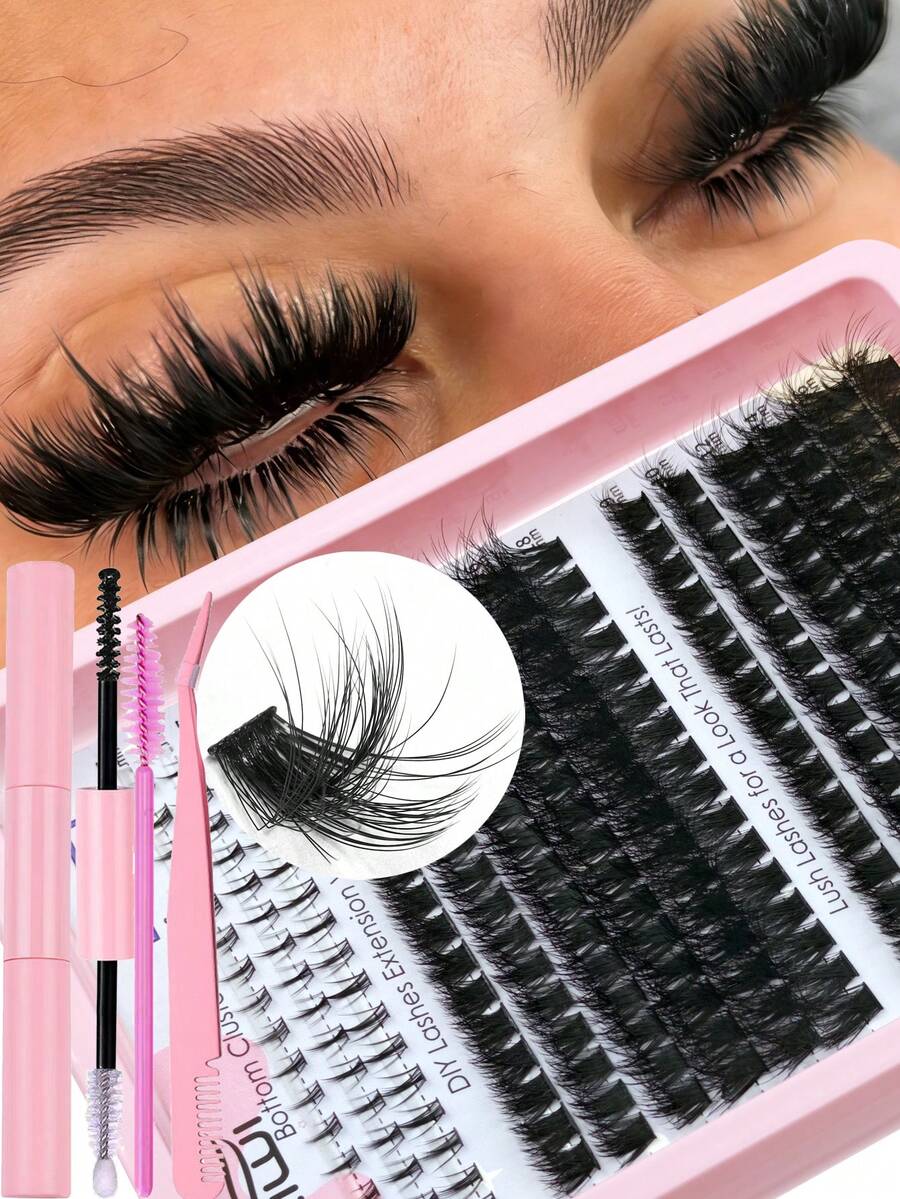276Pcs D Curl Lash Clusters DIY Kit With Bottom Lashes, Bond, Seal, Tweezers, Brush. Mixed Length 60D-120D Individual False Lashes, Fluffy, Wispy, Soft, Lightweight, Reusable, Easy Apply, Beginner Friendly, Daily Party Wedding Makeup - 黑色 - 查看 1