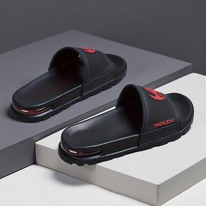 TAIMUDY Men's Sport Slides - Black With Red Accents, Visible Air Cushion Heel & Non-Slip Grid Texture, Chunky Thick Sole Slippers For Gym, Shower & Street Wear