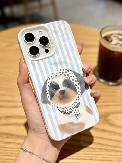 适用于所有机型的1个手机壳，波点头巾图案，西施犬风格，皱纹光泽TPU材质，ins治愈系，蓝白条纹油画小狗印花，全面保护，精准开孔