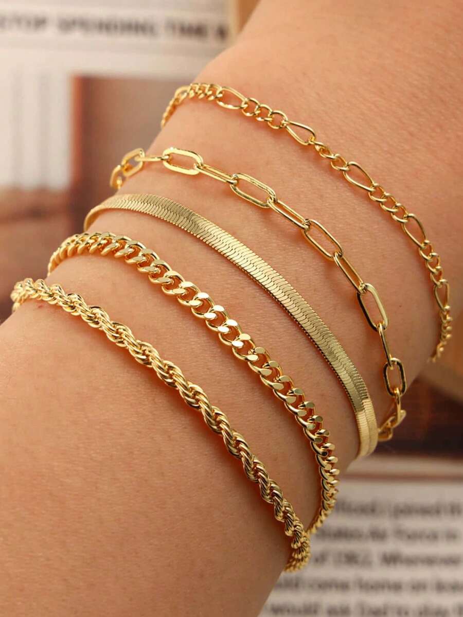 2 piezas Conjunto de pulseras de cadena de acero inoxidable, pulseras de cadena de clip de papel y hoja de estilo minimalista de moda, accesorios versátiles de lujo adecuados para niñas y mujeres - Dorado - Ver 1