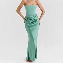 Wt-2026 New Multi-Color Corset Off-Shoulder Fishbone Pleated Long Bodycon Satin Dress. - Màu xanh lá cây đậm - Xem 1
