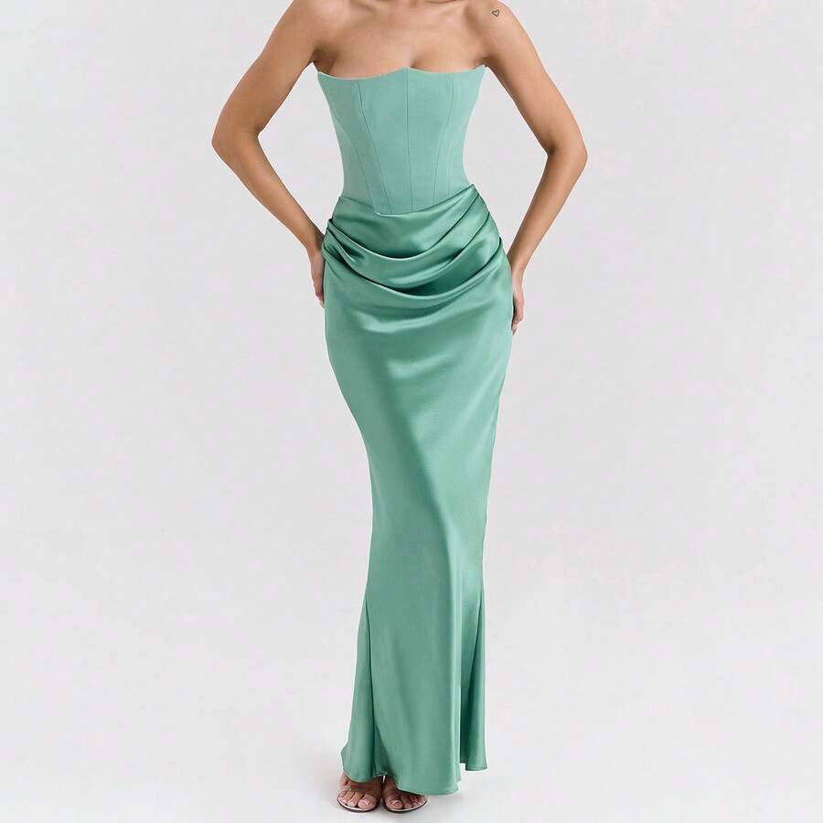 Wt-2026 New Multi-Color Corset Off-Shoulder Fishbone Pleated Long Bodycon Satin Dress. - Màu xanh lá cây đậm - Xem 1