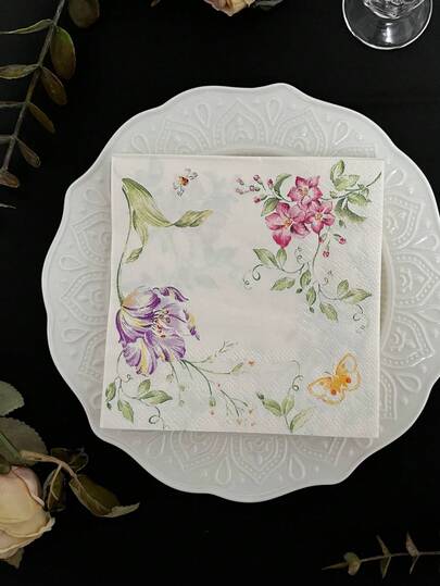 20张/套，三层印花花卉纸巾，蝴蝶图案鸡尾酒餐巾，展开尺寸10*10英寸，适用于婚礼、新娘、生日、母亲节等派对装饰，春夏节日一次性餐巾，可用于派对餐桌装饰