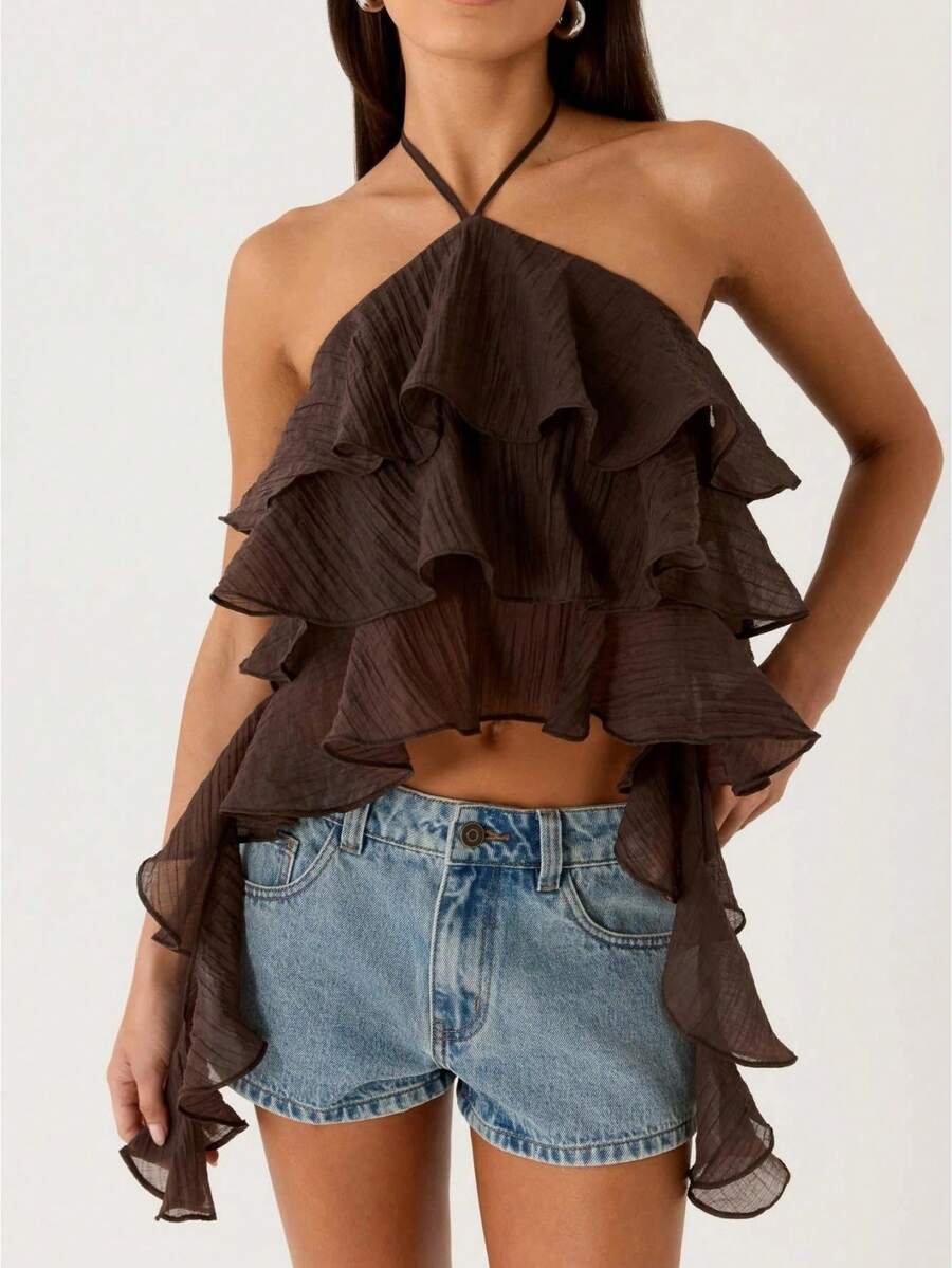 Women Ruffle Halter Tie Neck Crop Top Chiffon Frill Trim Spaghetti Sleeveless Backless Ruffle Layered Hem Cami Top Summer Going Out Tops - Brown - View 1