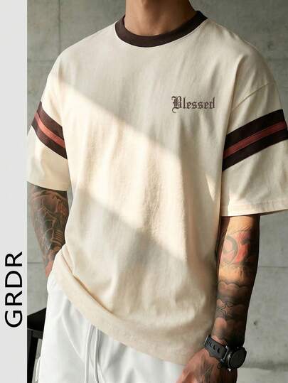  GRDR Men's Fashionable Contrast Color Round Neck Drop Shoulder Short Sleeve Comfortable Versatile Casual Sporty T-Shirt, Summer