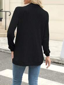 New Spring/Summer Fashion Elegant Solid Color Casual Ribbed Knit Cardigan Sweater Sports - Black - View 3