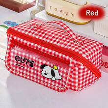 1pc Cute Large Capacity Plaid Check Dog Pencil Case, Cartoon Multifunctional Stain Resistant Stationery Bag, Flip-Top Magnetic Buckle Stationery Pouch Clear Transparent Front Pocket For Primary School Students - Multicolor - View 13