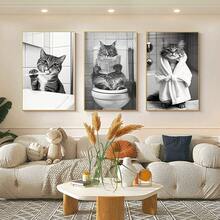 3 piese de postere imprimate pe pânză cu pisici de baie, tablouri decorative abstracte moderne, potrivite pentru decorarea dormitorului, decorarea camerei de zi, coridoare, bucătării, sufragerii, băi, cafenele, birouri, apartamente, studii, cămine, decorațiuni de perete, decorațiuni interioare și decorațiuni de cameră, ceea ce le face cadouri ideale pentru prieteni. - 3 buc - Vizualizare 2